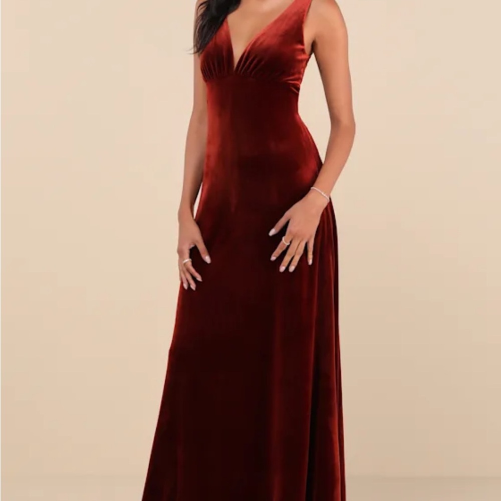 LuLus Decadent Evening Rust Orange Velvet Sleeveless Maxi Dress small nwt